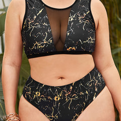  Marble Print Bikini Set Women's Plus Semi Sheer Swimsuit Beachwear