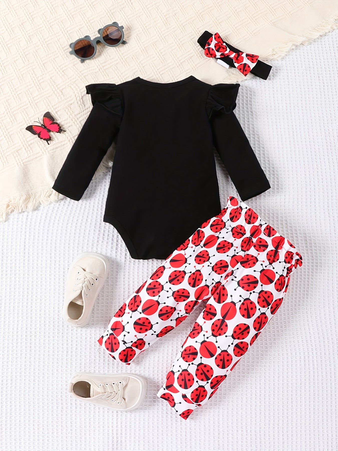 3pcs Newborn Baby Girls Ladybug Cartoon Print Outfit Set