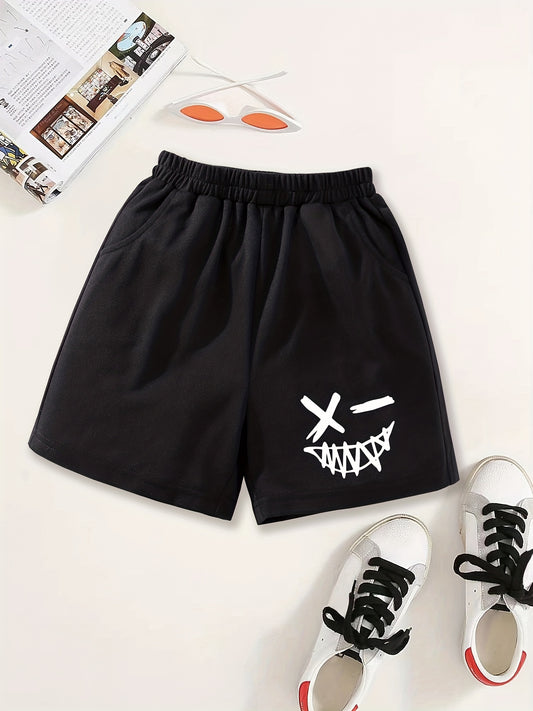 Girls Winking Smile Print Sweat Shorts Elastic Waist Casual Sports Clothes