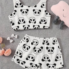  Flannel Panda Print Crop Tank Top & Shorts Pajama Set