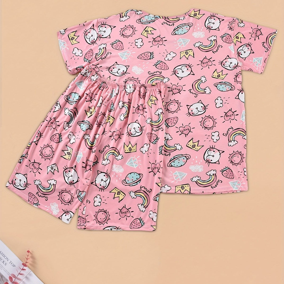  Cat & Strawberry & Rainbow Print Pajama Set