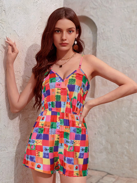Block & Fruit Print Romper Jumpsuit Casual Sleeveless V neck Women's Clothing