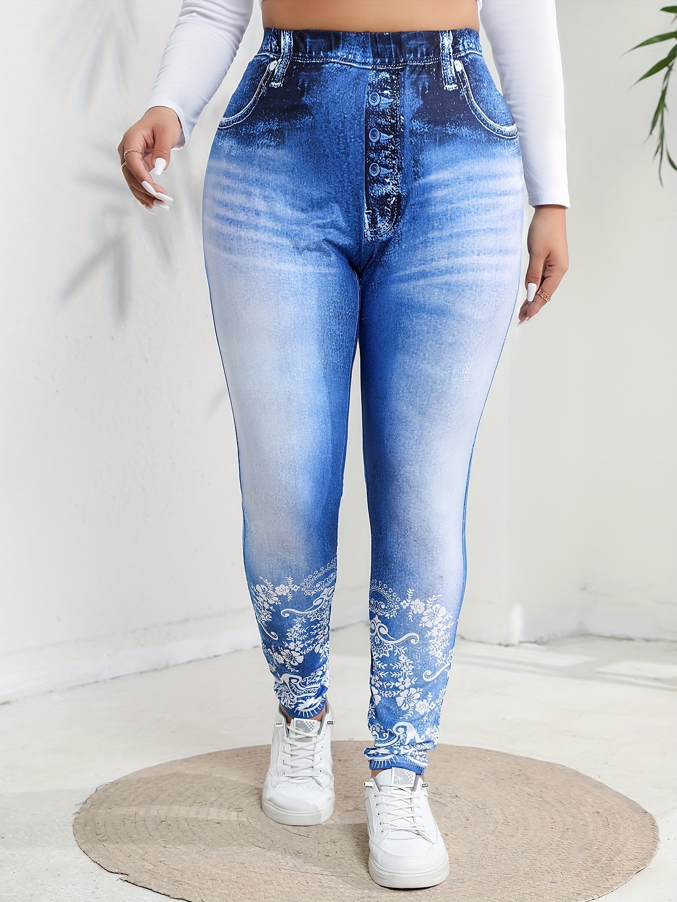  Denim Print High Rise Skinny Trousers