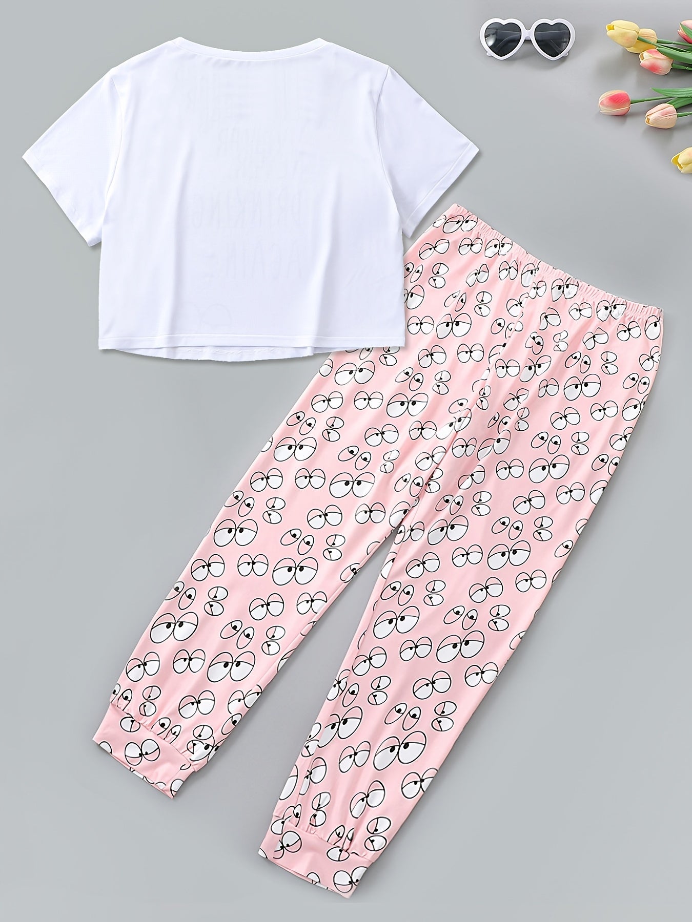  Casual Pajamas Set Women's Plus Tee & Cartoon Eye Print Pants 2pcs