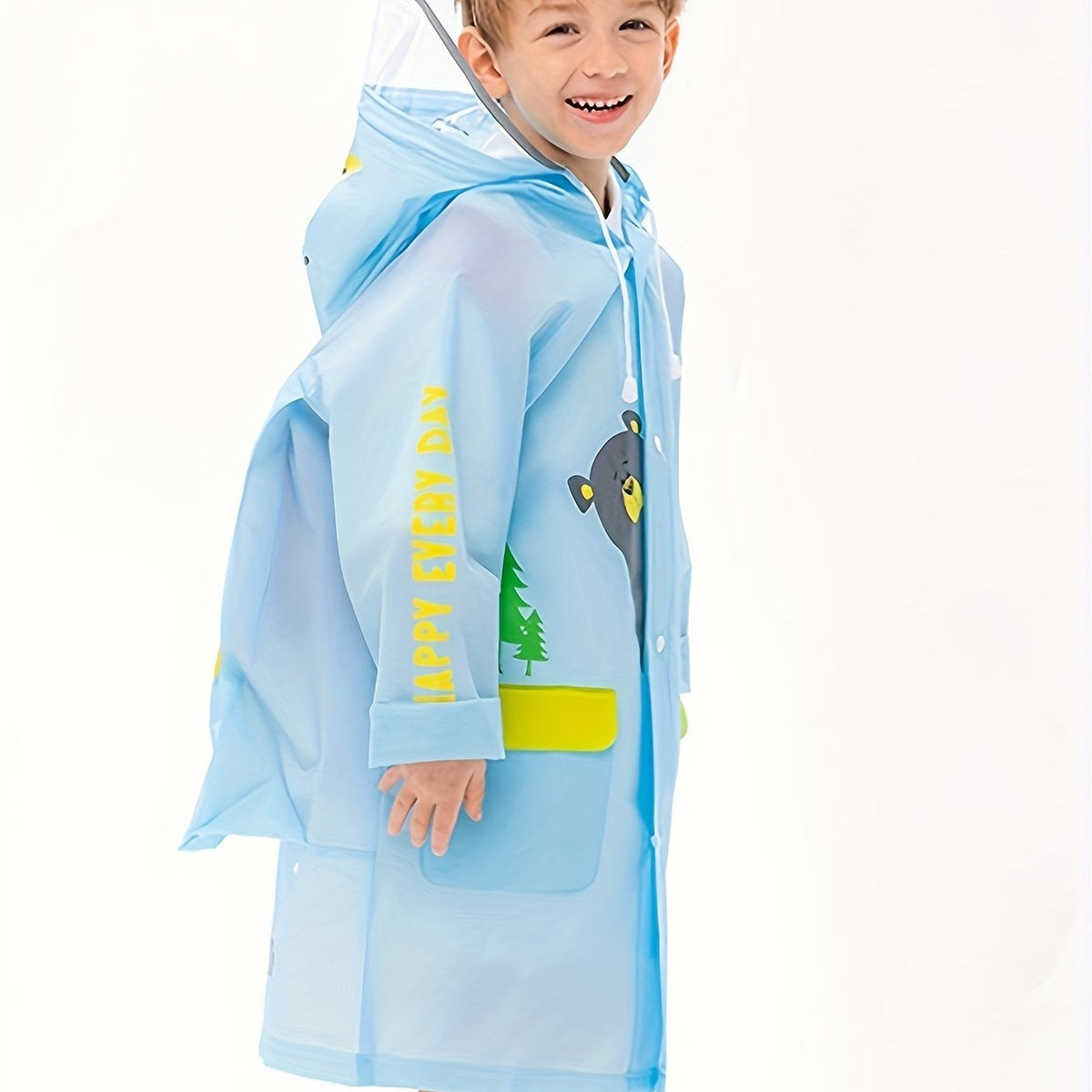 Kid's Hooded Raincoat Button Down Rain Poncho Jacket Animal Pattern Rainsuit