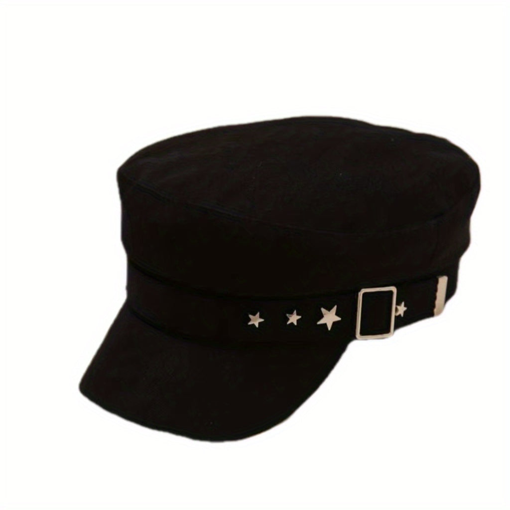 Embroidered Beret Cap Metal Star Strap Women Octagonal Hats