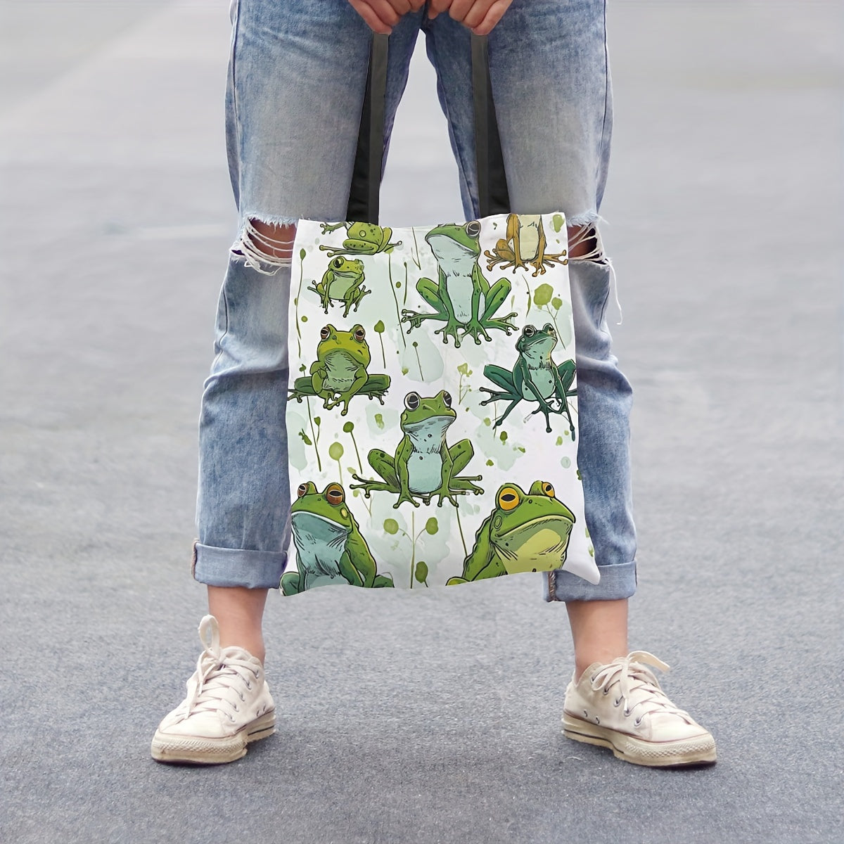 Frog Cartoon Print Tote Bag Spacious Shoulder Bag for Women