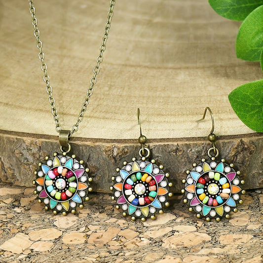 Vintage Antique Bronze Floral Beaded Earrings Necklace Set