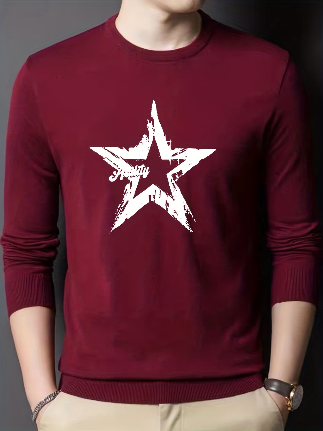 Star Pattern Knitted Sweater Men's Crew Neck Pullover For Fall Winter