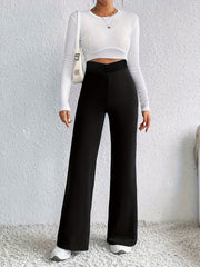  Wide Leg Trousers Solid V Waist High Rise Non Stretch