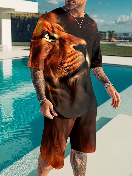 Men's Lion Graphic T-shirt & Comfy Shorts Set for Outdoor