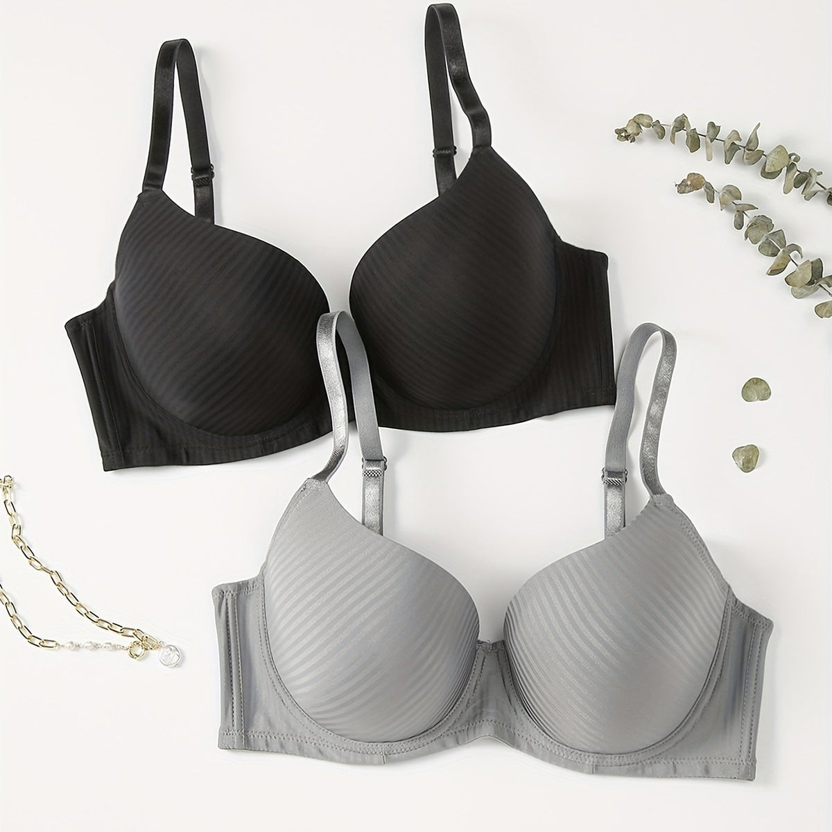 2 Pack Plus Size Striped Push Up Padded Bra Set
