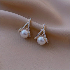 A Shaped Diamond Pearl Earrings - Wedding Party Christmas Earrings