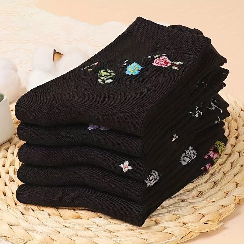 5 Pairs Floral Print Socks Comfy & Soft Crew Socks Women's Stockings
