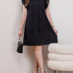  Lace Ruffle Sleeve Round Neck Tassel Tie Dress