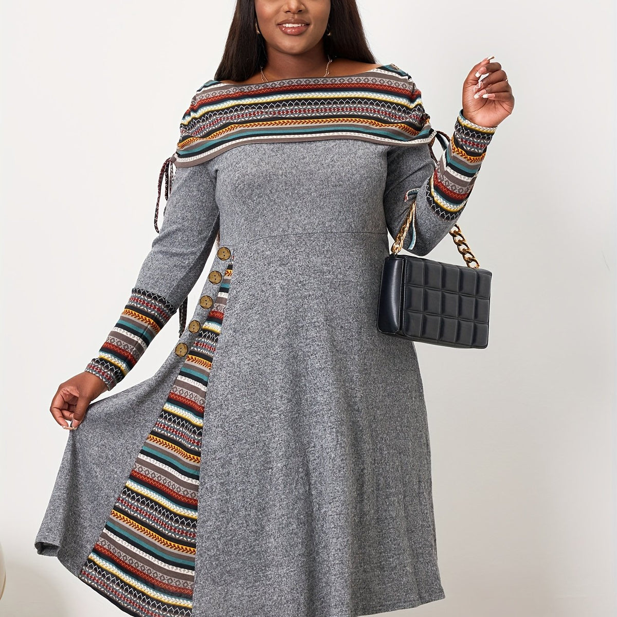 Boho Plus Geometric Print Drawstring Ruched Dress
