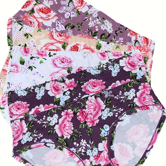 4 Pack Plus Size Panties Set Women's Plus Floral Print Briefs
