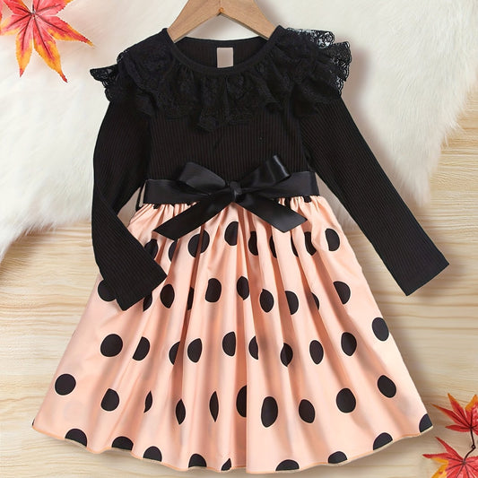 Girls' Lace Polka Dot Dress Long Sleeve Crew Neck Stretch Fit