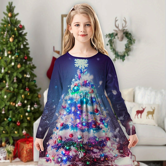3D Christmas Tree Print Long Sleeve Dress Girls Dreamy Dress For Spring Fall