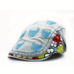Skull Embroidered Hip Hop Beret Washed Distressed Vintage Flat Hat