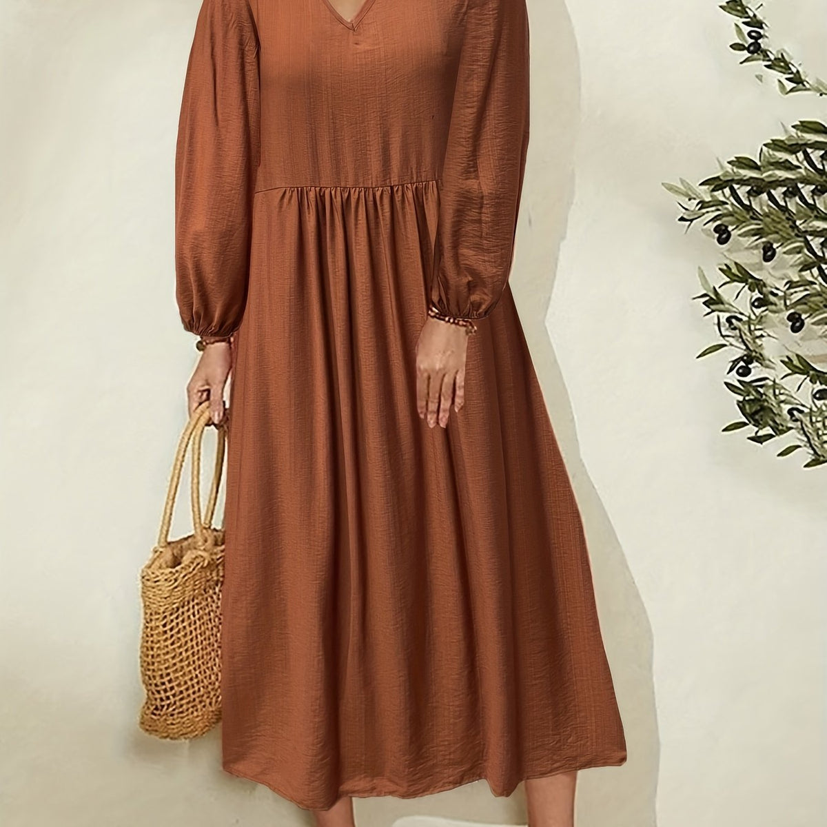  Casual Maxi Dress Solid Lantern Sleeve V Neck