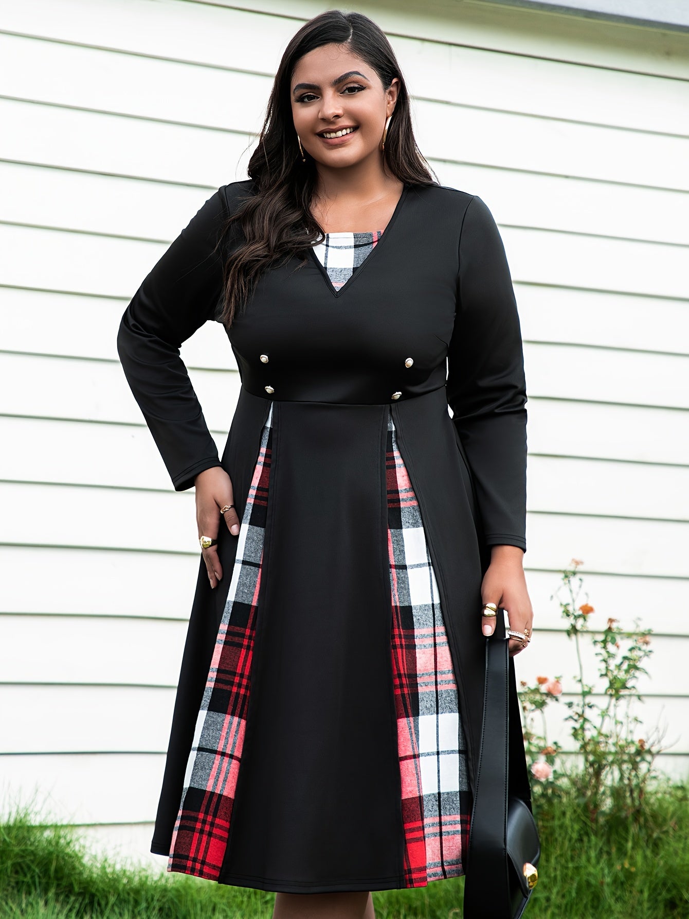 Plaid Print Button Decor Long Sleeve Dress