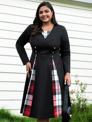  Plaid Print Button Decor Long Sleeve Dress