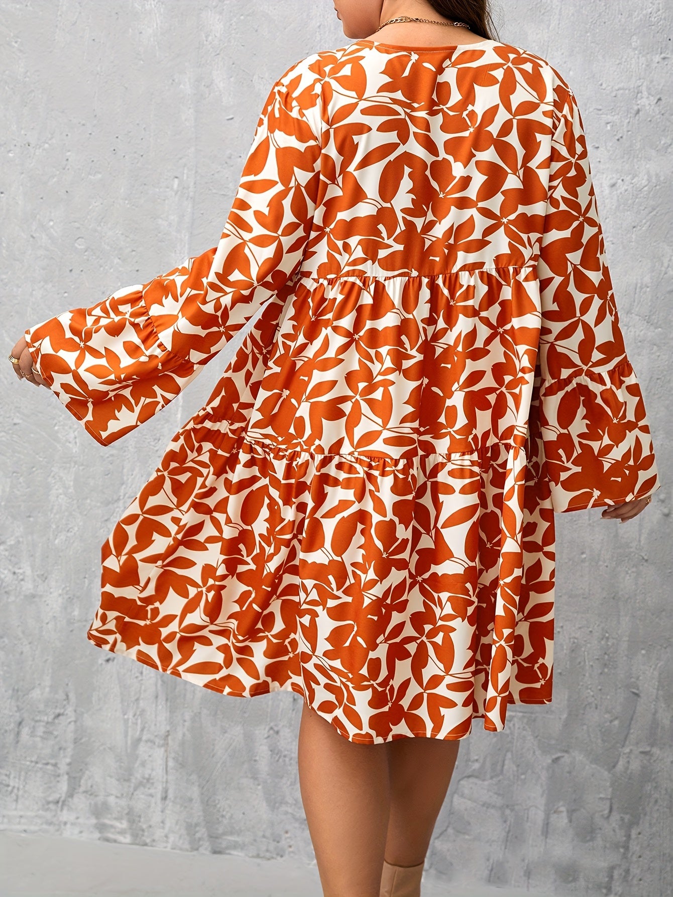  Leaf Print Button Up Long Sleeve V Neck Dress