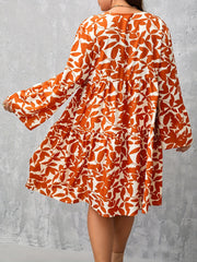  Leaf Print Button Up Long Sleeve V Neck Dress