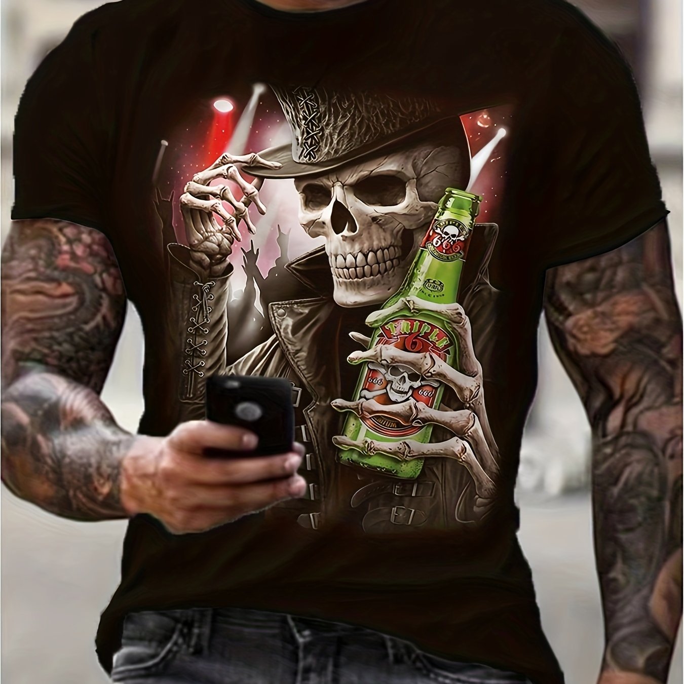 Men's Skeleton & Beer Graphic 3D Print Tee