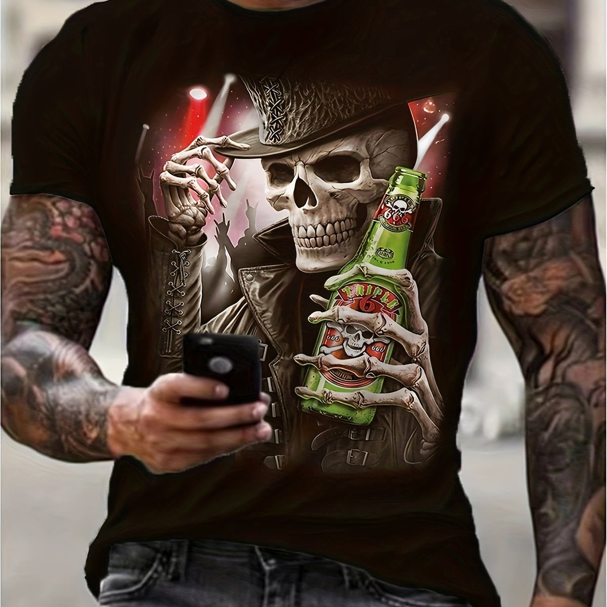 Men's Skeleton & Beer Graphic 3D Print Tee