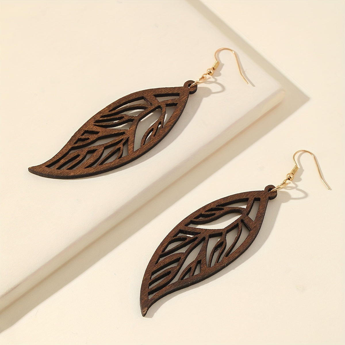 Hollow Leaf Dangle Earrings Bohemian Style Wooden Jewelry