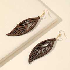 Hollow Leaf Dangle Earrings Bohemian Style Wooden Jewelry