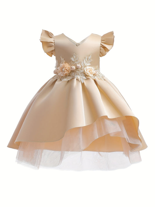 Toddler Girls Ruffle Trim Princess Dress Gown Three dimensional Flowers Embroide