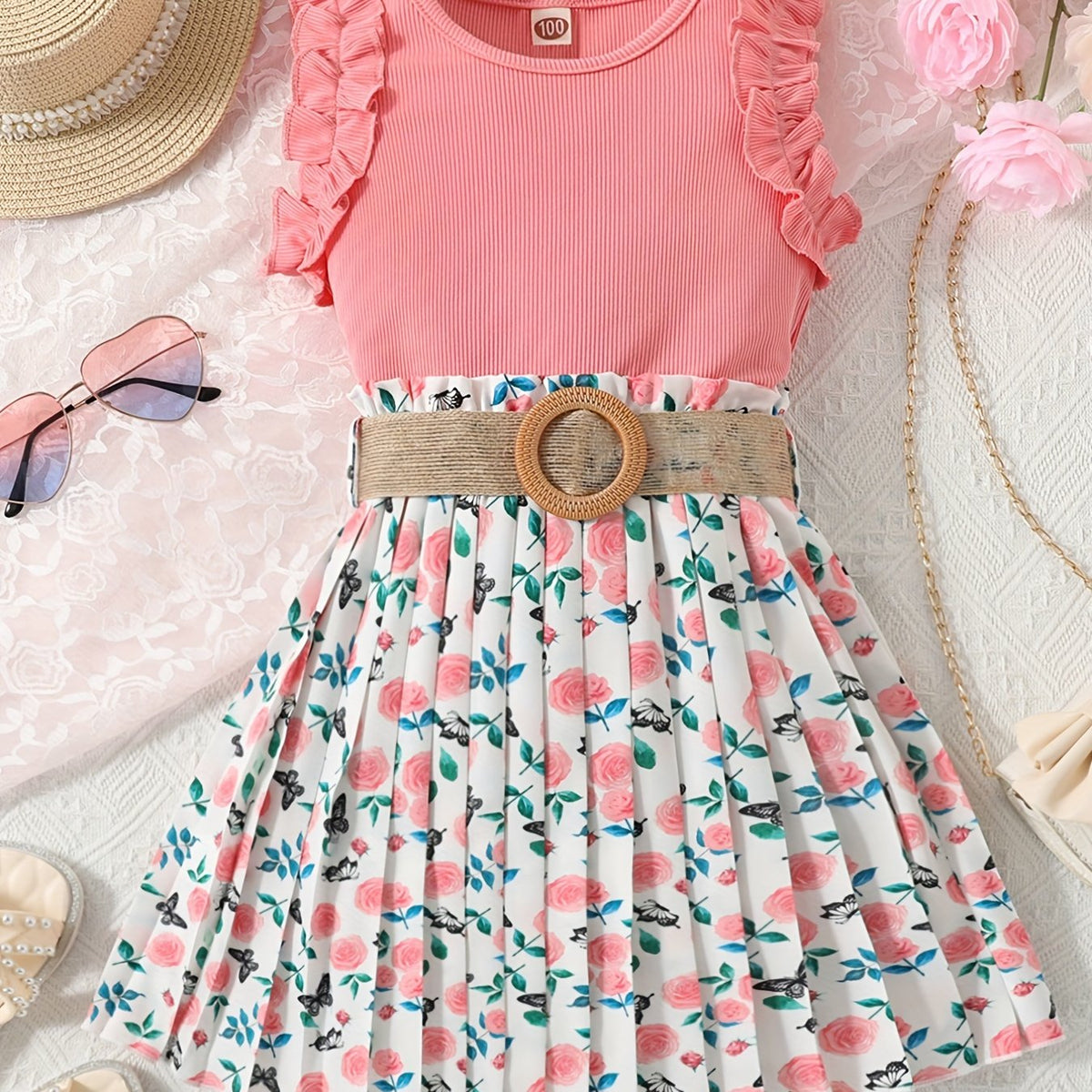 Girls Ribbed Lace Cuffs Top & Boho Flowers Pleated Skirt Set
