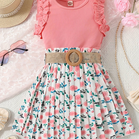 Girls Ribbed Lace Cuffs Top & Boho Flowers Pleated Skirt Set