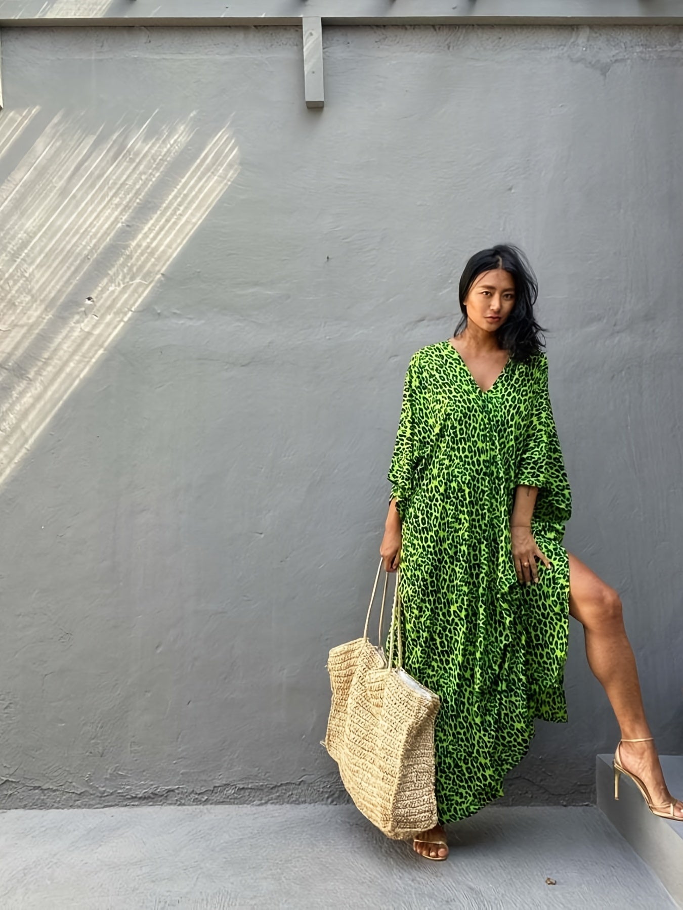  Leopard Print Bat Sleeve Beach Cover Up Dress