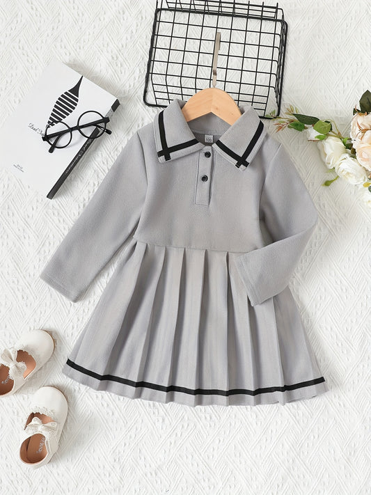 Preppy Dress For Girls Button Collar Solid Long Sleeve A Line Dresses