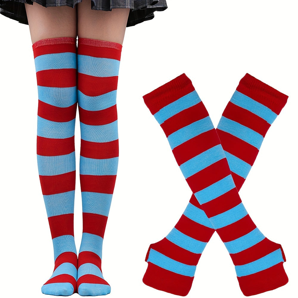Striped Knit Thigh Long Stockings & Fingerless Gloves Set