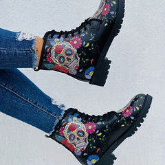 Skull & Rose Gothic Combat Boots Lace Up Ankle Halloween Shoes