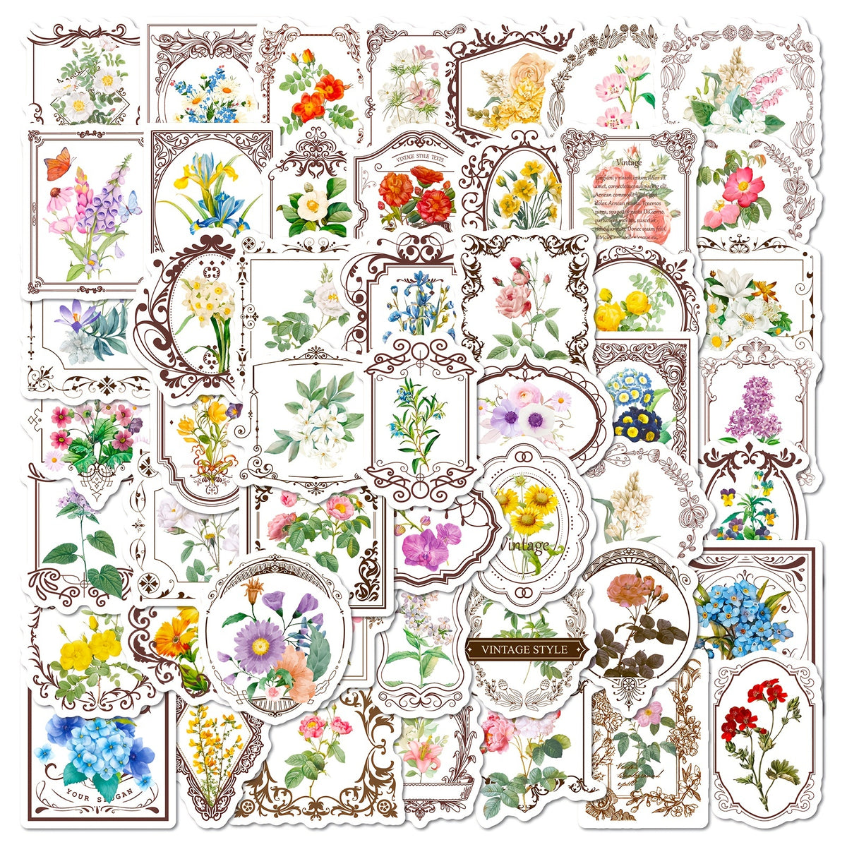 50pcs Retro Flower Stickers for Garden Diary Laptop Water Cup DIY Journal