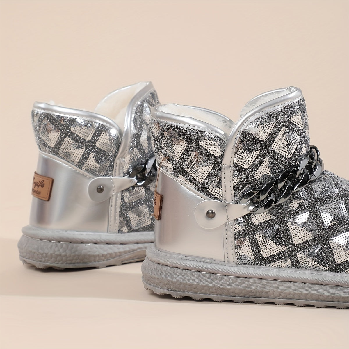 Y2K Snow Boots Sequin Glitter Chain Heighten Non Slip