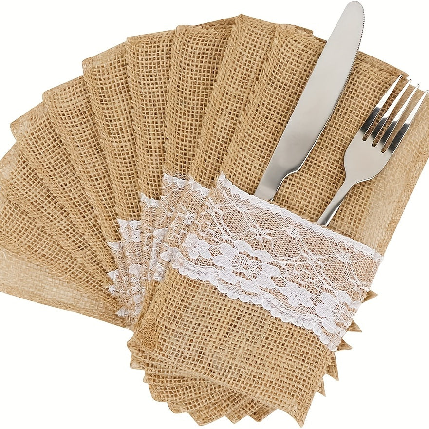 10pcs Natural Burlap Lace Cutlery Holders Pouch Bags