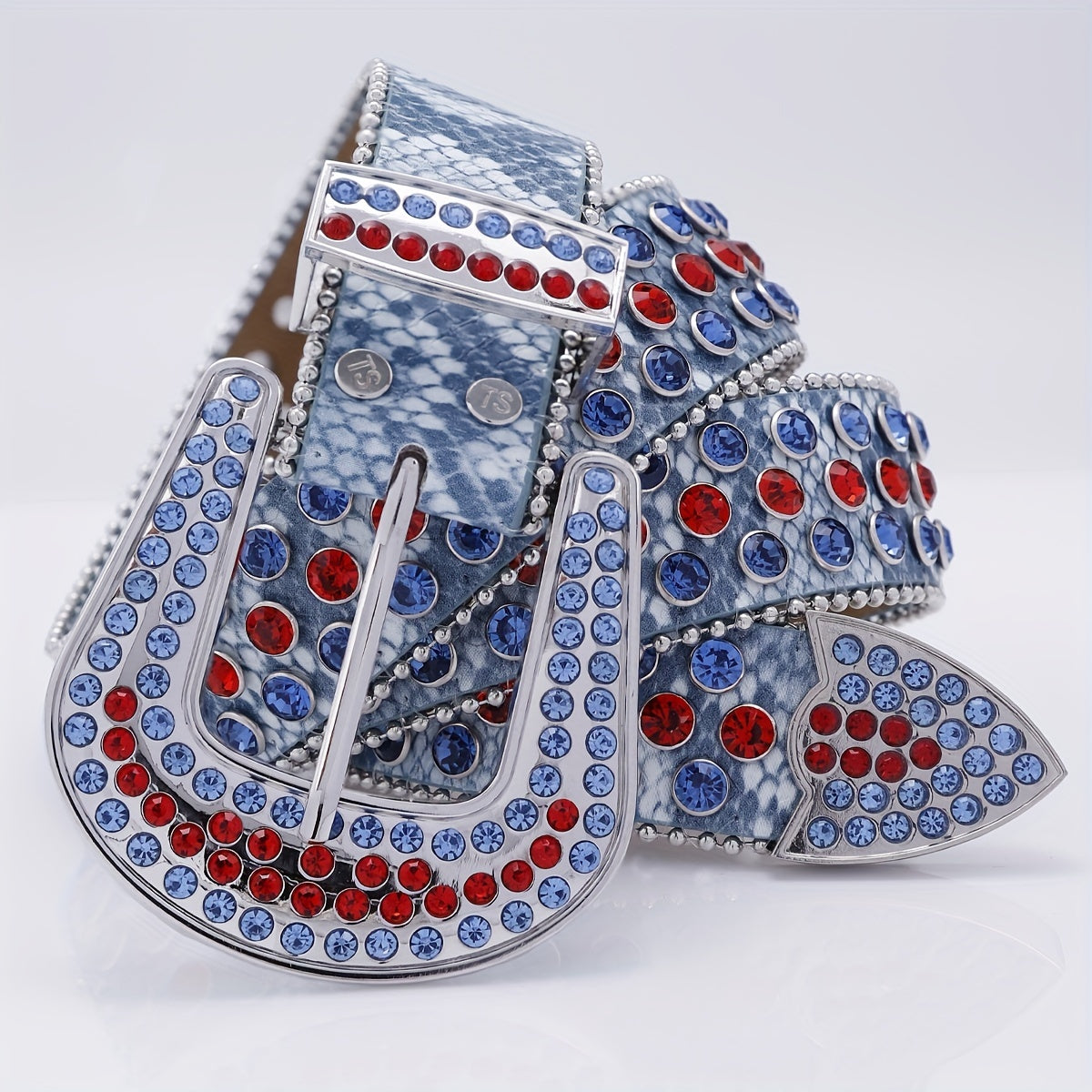 Punk Rock Wide Leather Belt with Rhinestone Inlay