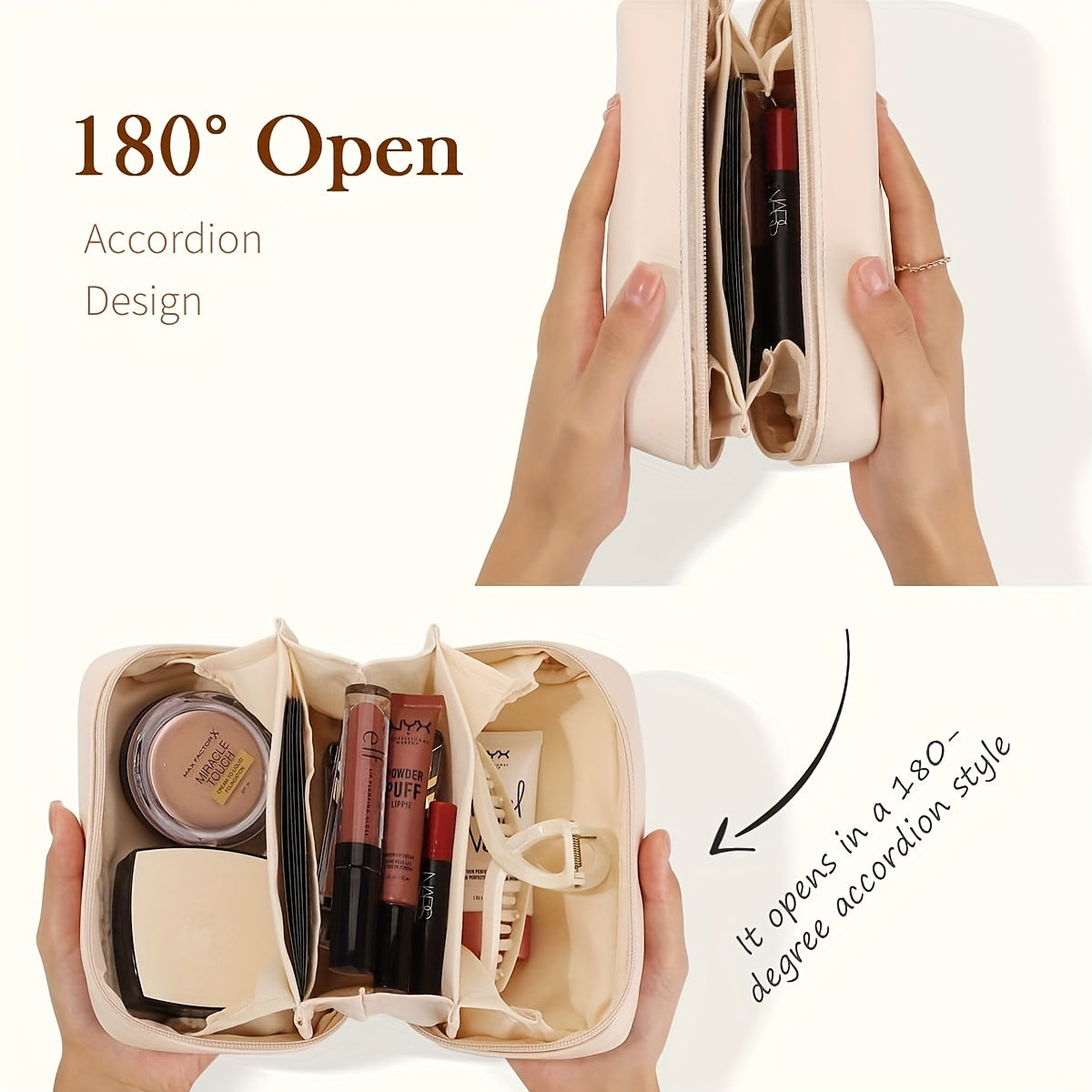 PU Leather Makeup Bag Small Travel Cosmetic Bag Open Flat