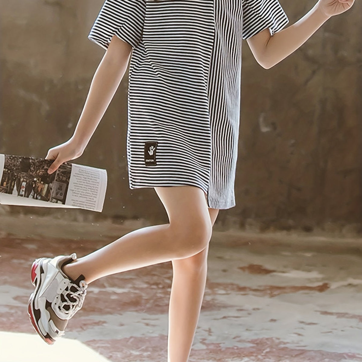 Girls Striped Print Graphic Dress For Summer