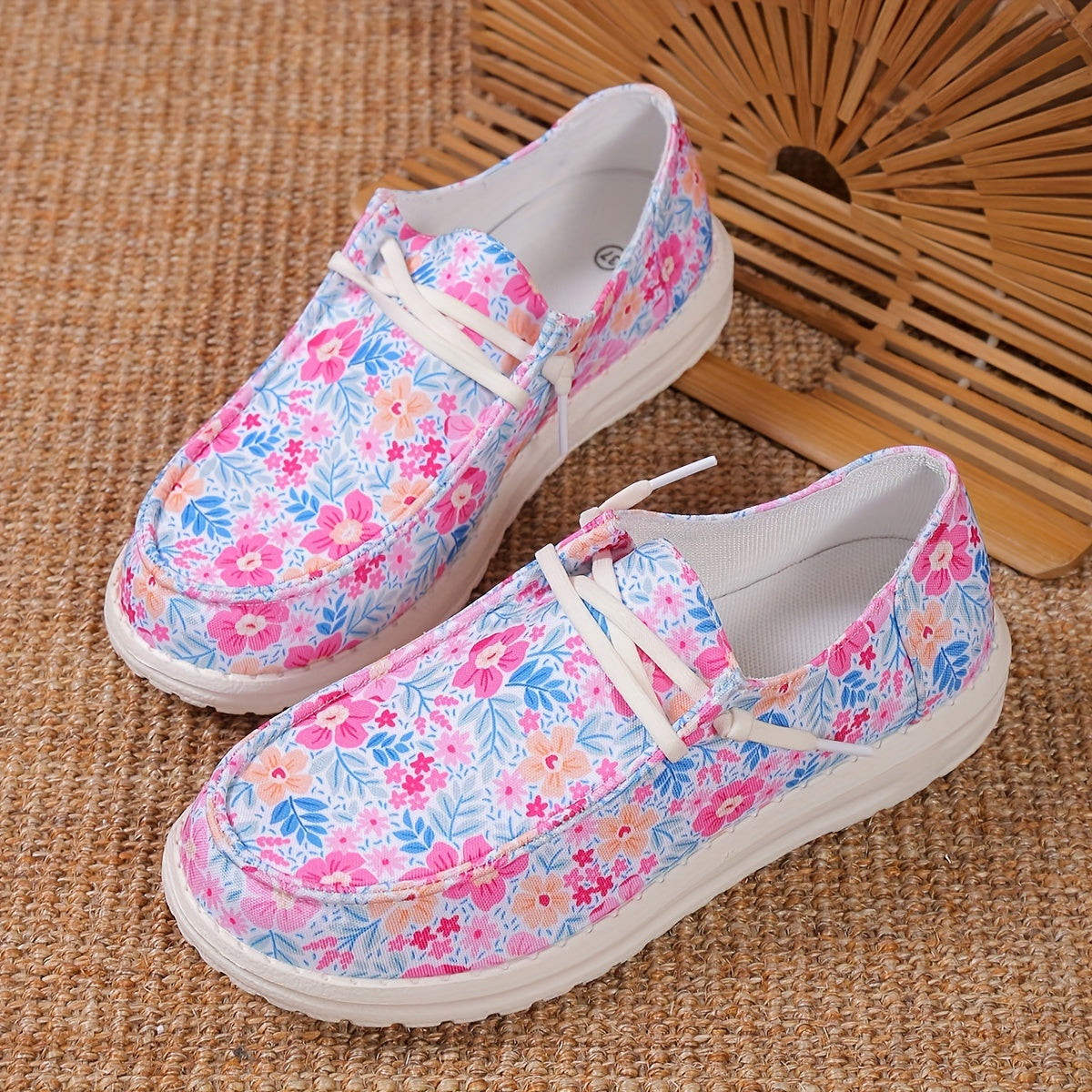 Floral Print Canvas Lace Up Sneakers Lightweight Low Top Shoes