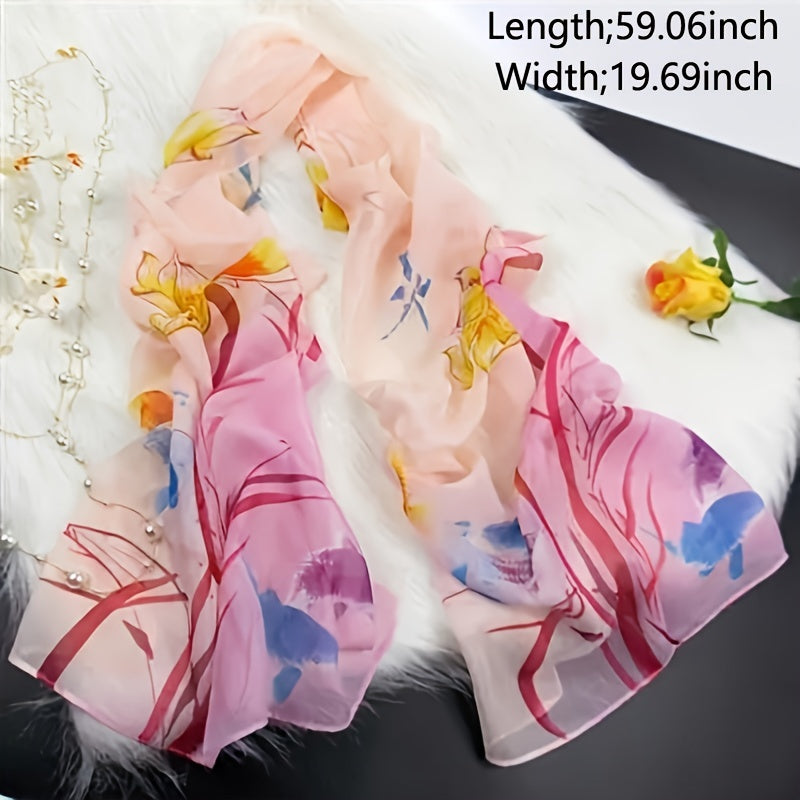 Chiffon Scarf Ink Flower Print Shawl Head Wrap Bandana Beach Towel
