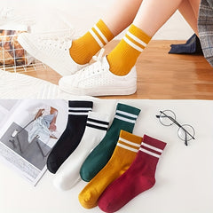 5 Pairs Patched Stripes Crew Socks Basic Stockings