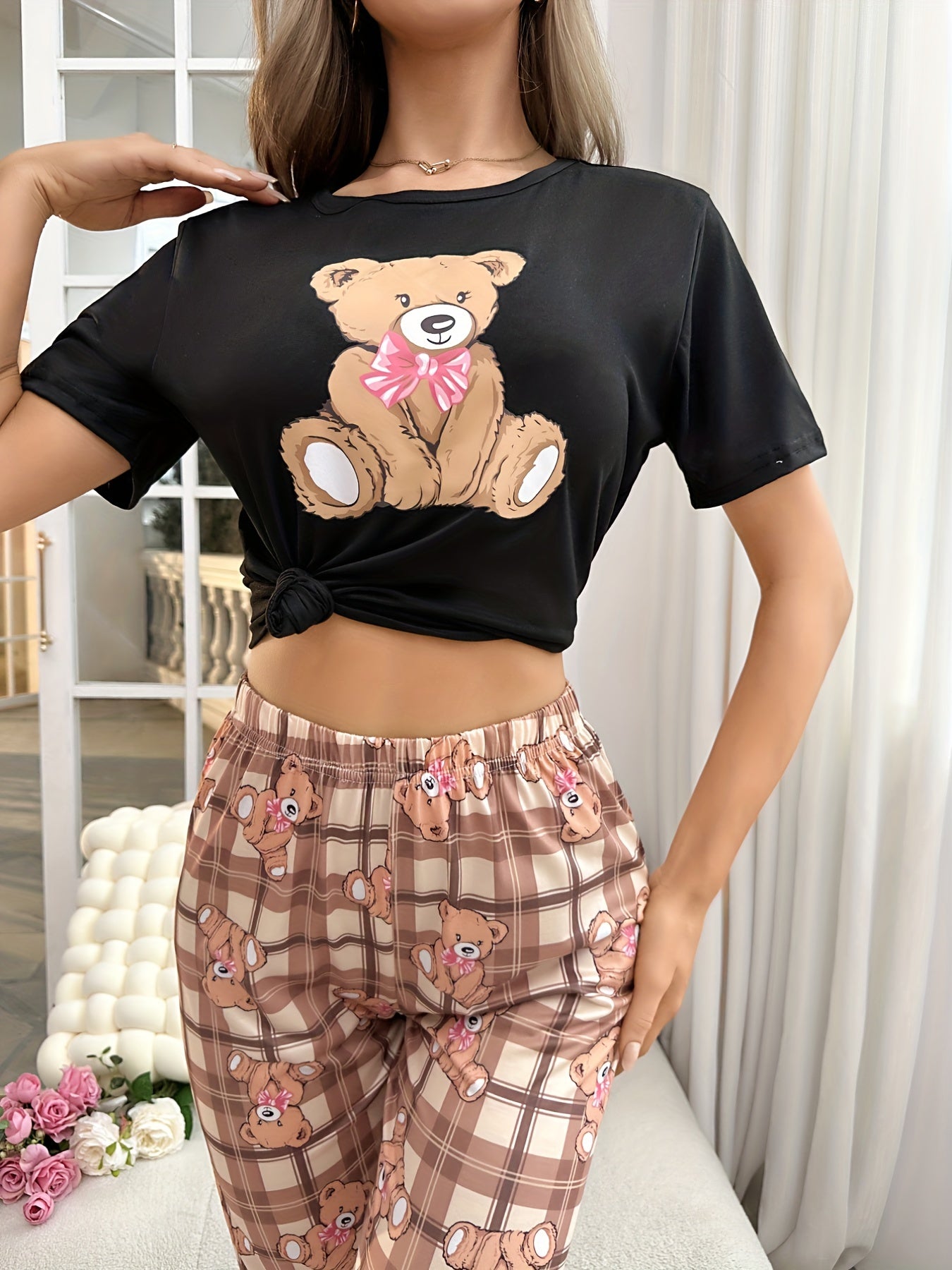 Bear & Plaid Print Pajama Set Women's Sleepwear